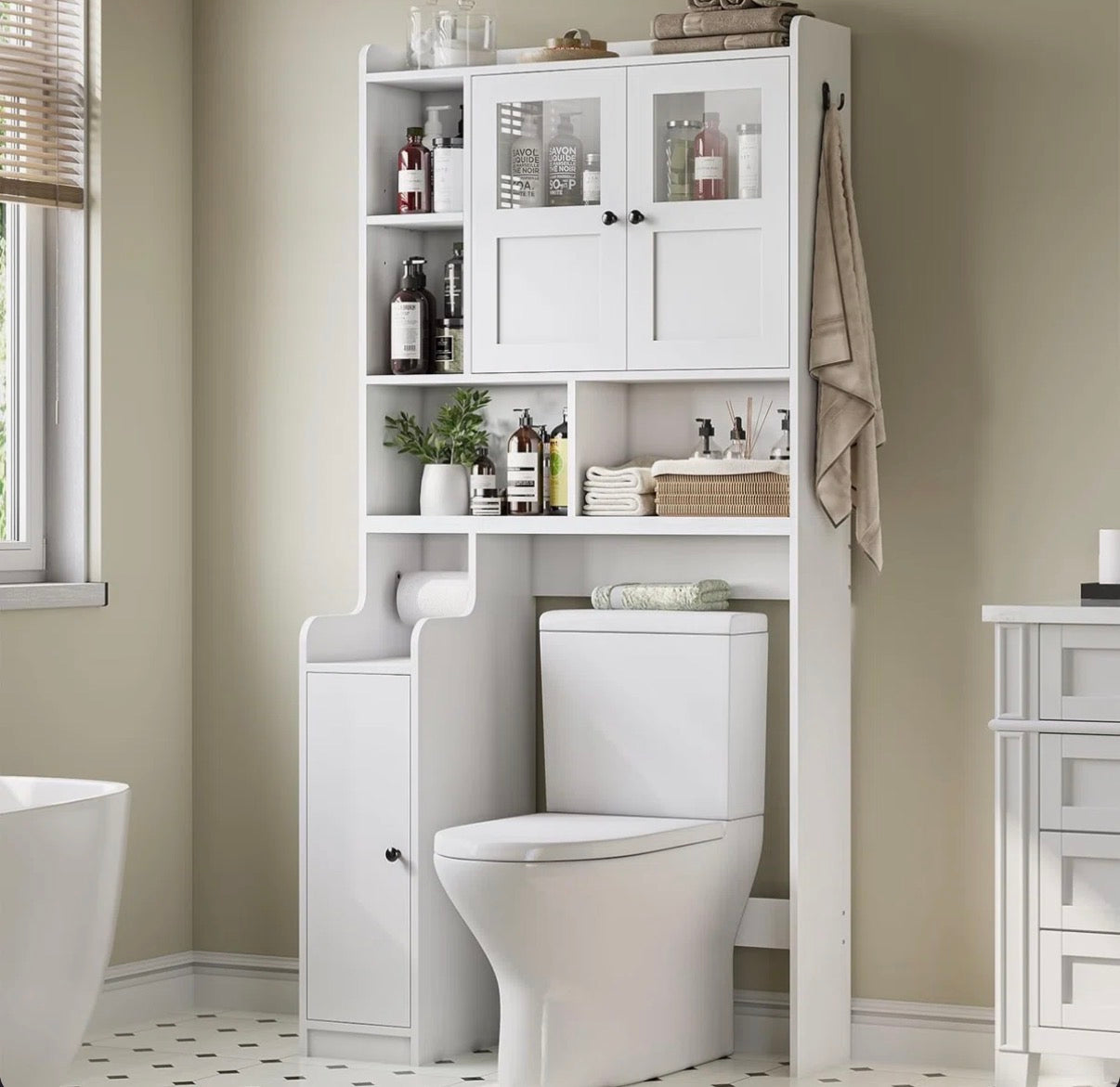 Bathroom Cabinet - Over The Toilet Storage Cabinet, Farmhouse Rattan Bathroom Cabinet, Over Toilet Bathroom Organizer With Rattan Barn Doors & Toilet Paper Holder Stand, For Bathroom, Restroom, Laundry