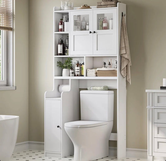 Bathroom Cabinet - Over The Toilet Storage Cabinet, Farmhouse Rattan Bathroom Cabinet, Over Toilet Bathroom Organizer With Rattan Barn Doors & Toilet Paper Holder Stand, For Bathroom, Restroom, Laundry