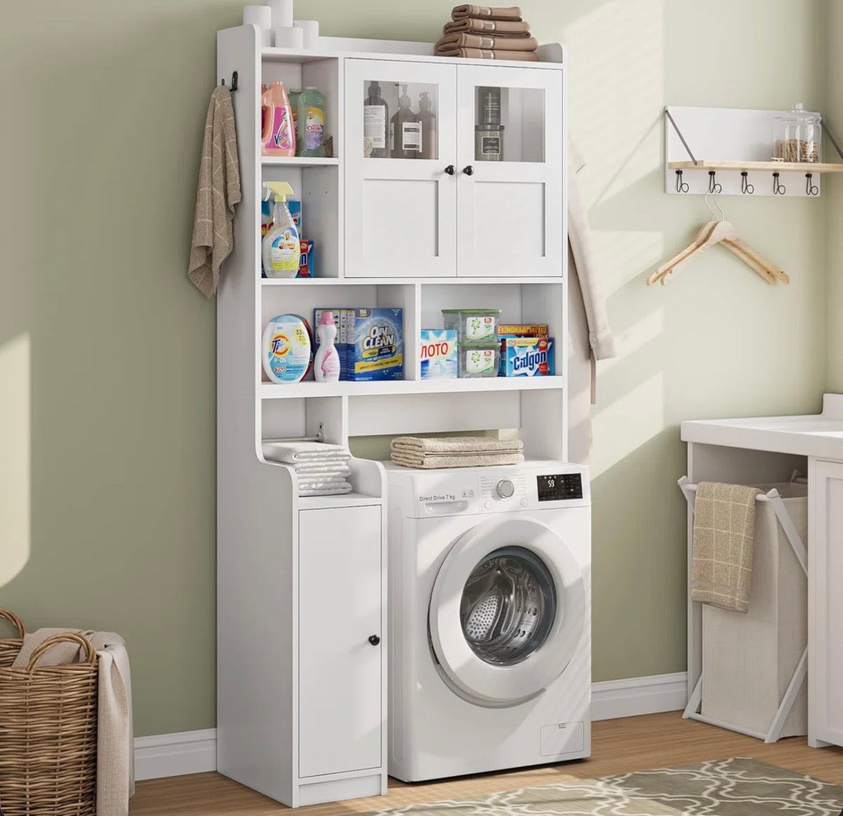 Bathroom Cabinet - Over The Toilet Storage Cabinet, Farmhouse Rattan Bathroom Cabinet, Over Toilet Bathroom Organizer With Rattan Barn Doors & Toilet Paper Holder Stand, For Bathroom, Restroom, Laundry