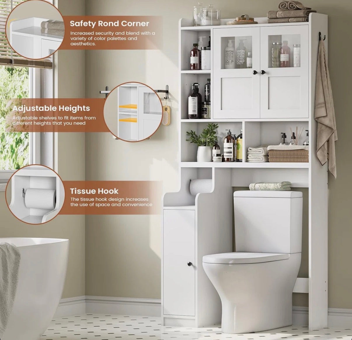 Bathroom Cabinet - Over The Toilet Storage Cabinet, Farmhouse Rattan Bathroom Cabinet, Over Toilet Bathroom Organizer With Rattan Barn Doors & Toilet Paper Holder Stand, For Bathroom, Restroom, Laundry