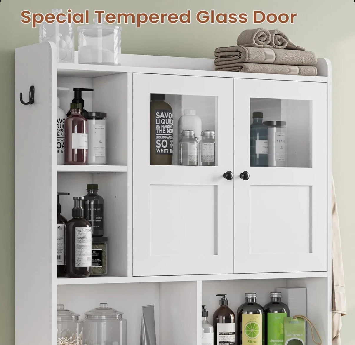 Bathroom Cabinet - Over The Toilet Storage Cabinet, Farmhouse Rattan Bathroom Cabinet, Over Toilet Bathroom Organizer With Rattan Barn Doors & Toilet Paper Holder Stand, For Bathroom, Restroom, Laundry