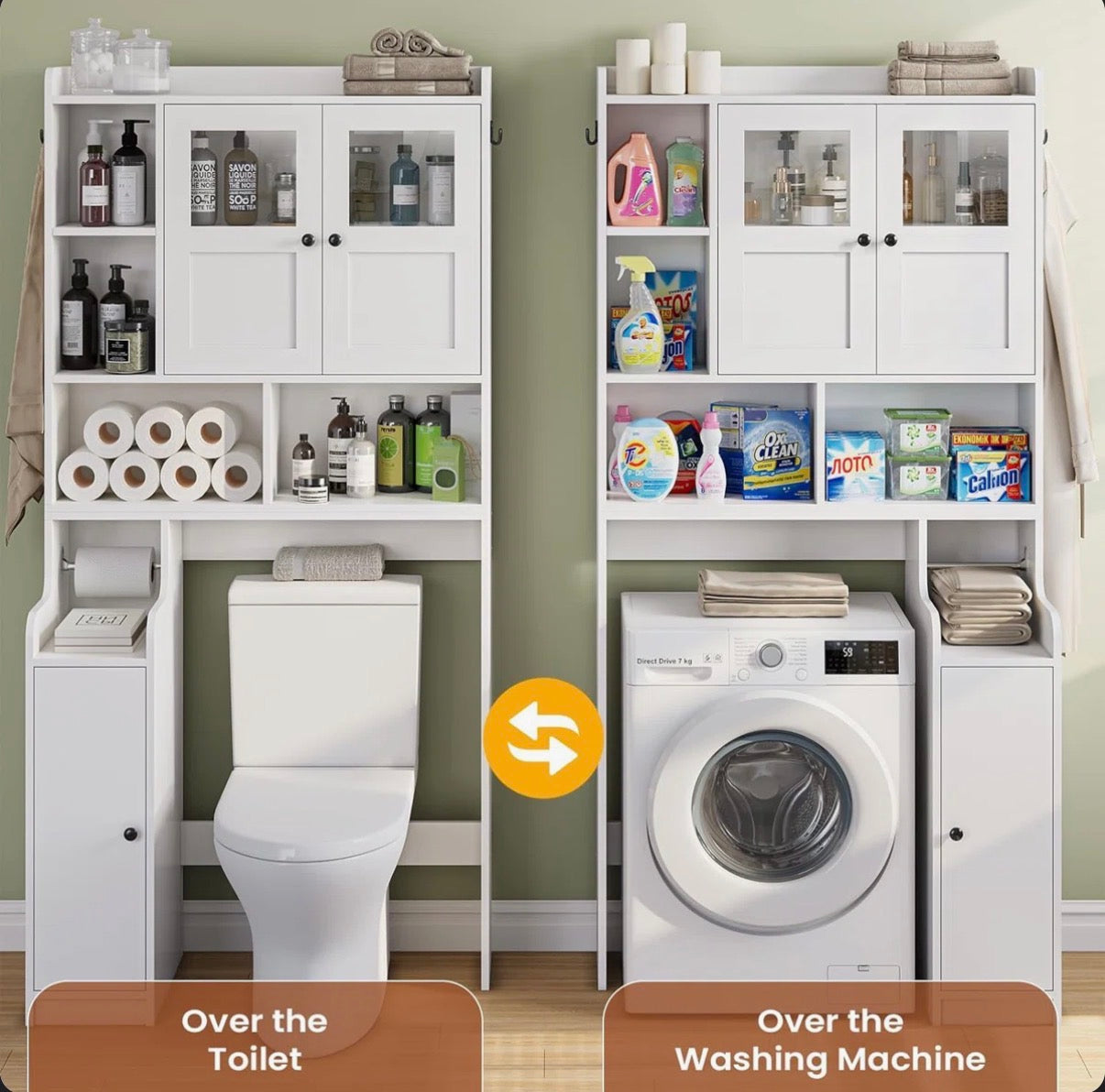 Bathroom Cabinet - Over The Toilet Storage Cabinet, Farmhouse Rattan Bathroom Cabinet, Over Toilet Bathroom Organizer With Rattan Barn Doors & Toilet Paper Holder Stand, For Bathroom, Restroom, Laundry