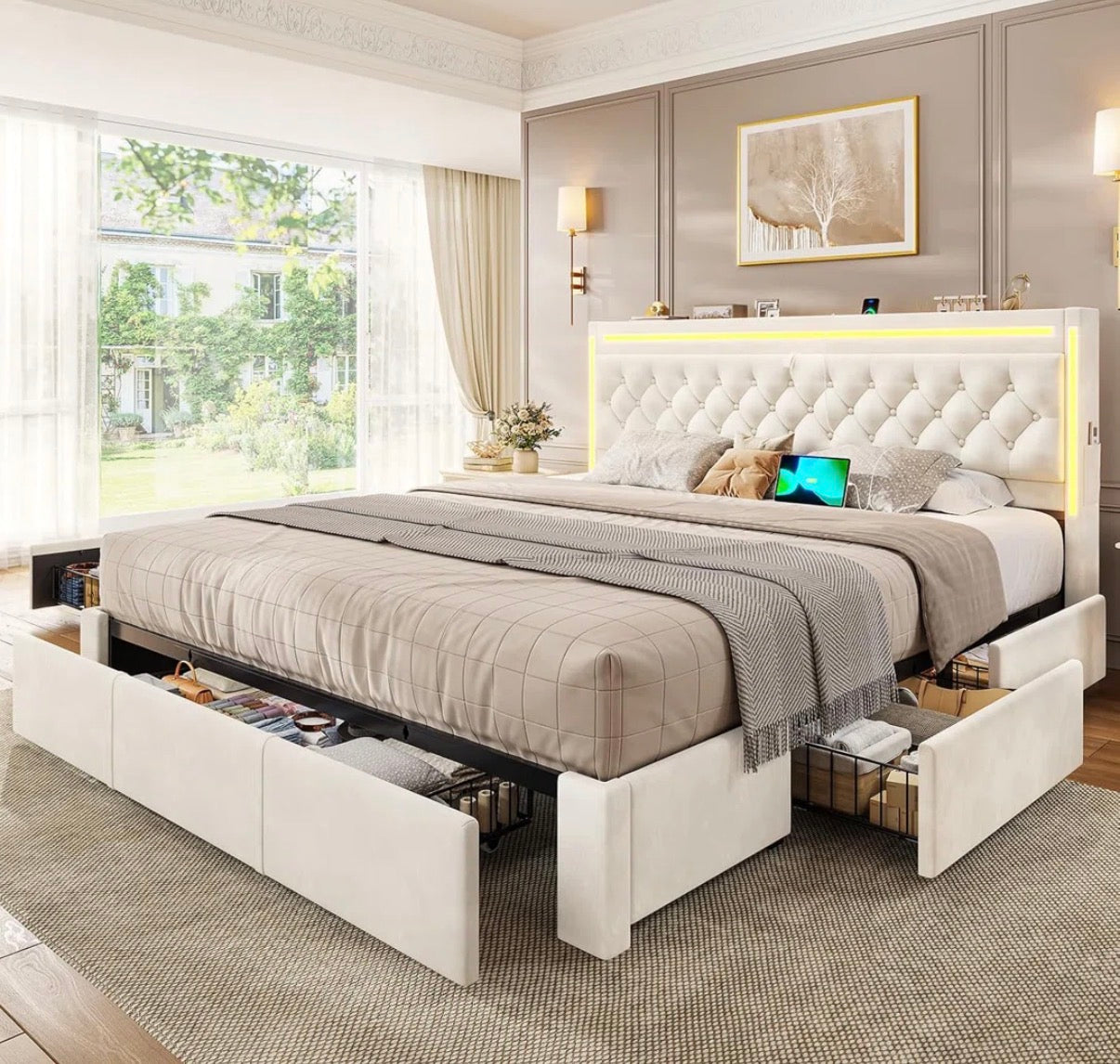 Bed - King Size Bed Frame With 5 Xl Storage Drawers