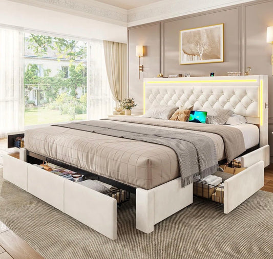 Bed - King Size Bed Frame With 5 Xl Storage Drawers