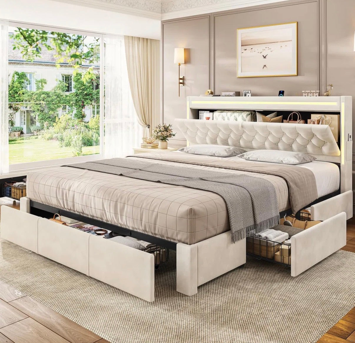 Bed - King Size Bed Frame With 5 Xl Storage Drawers