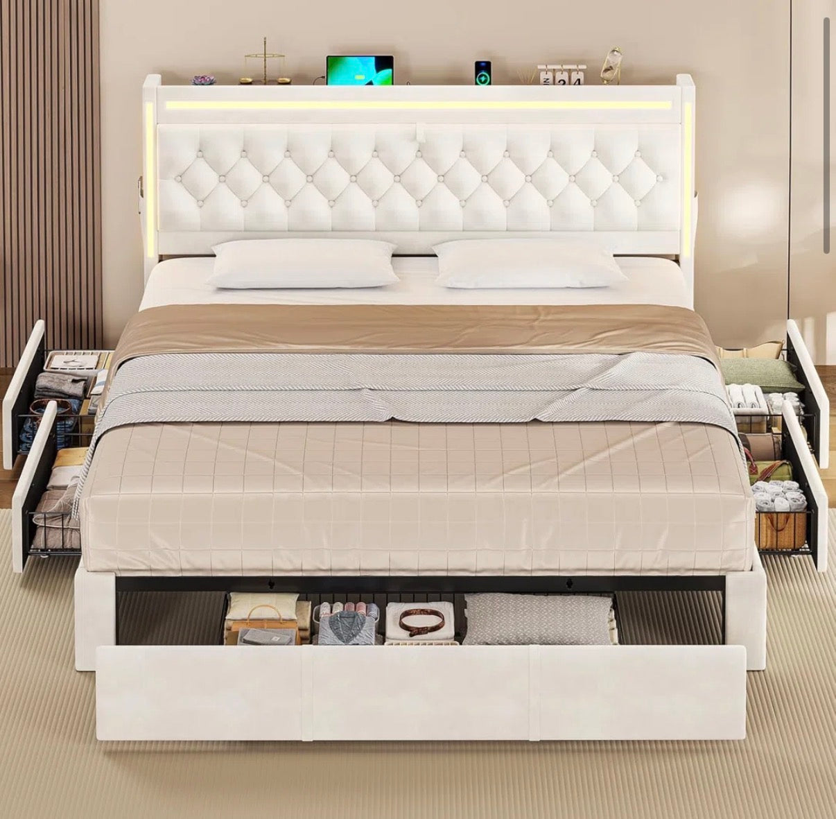Bed - King Size Bed Frame With 5 Xl Storage Drawers