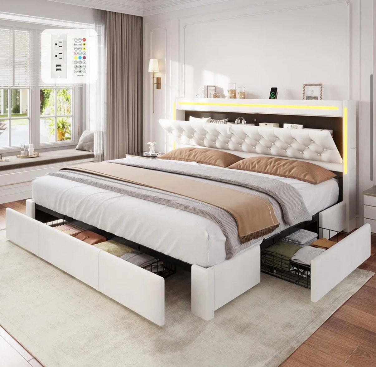 Bed - King Size Bed Frame With 5 Xl Storage Drawers