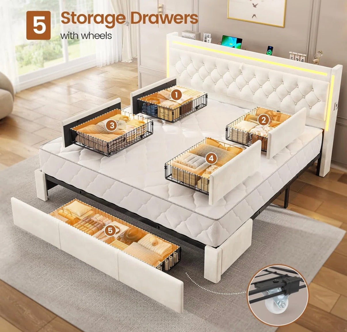 Bed - King Size Bed Frame With 5 Xl Storage Drawers