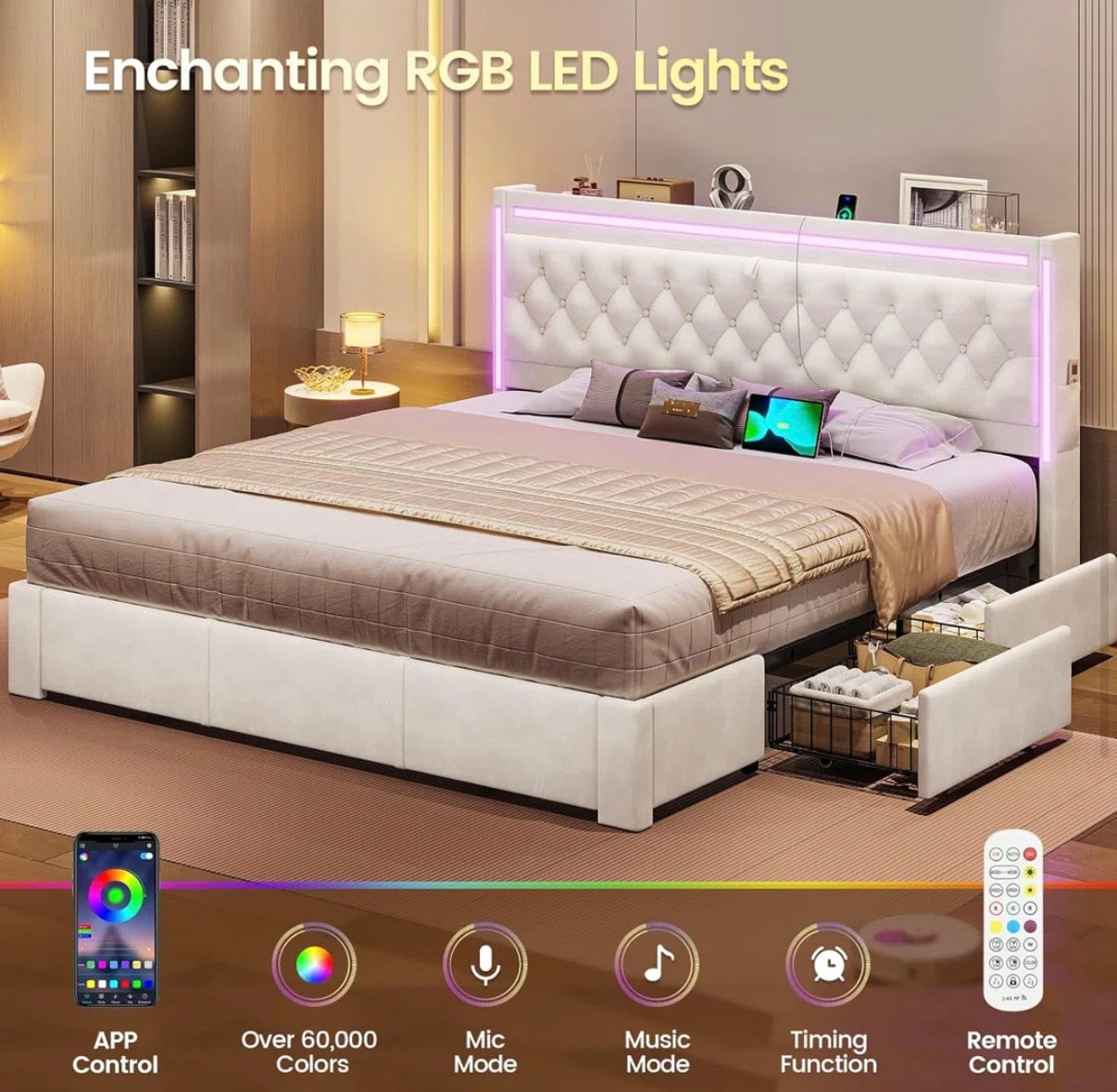 Bed - King Size Bed Frame With 5 Xl Storage Drawers
