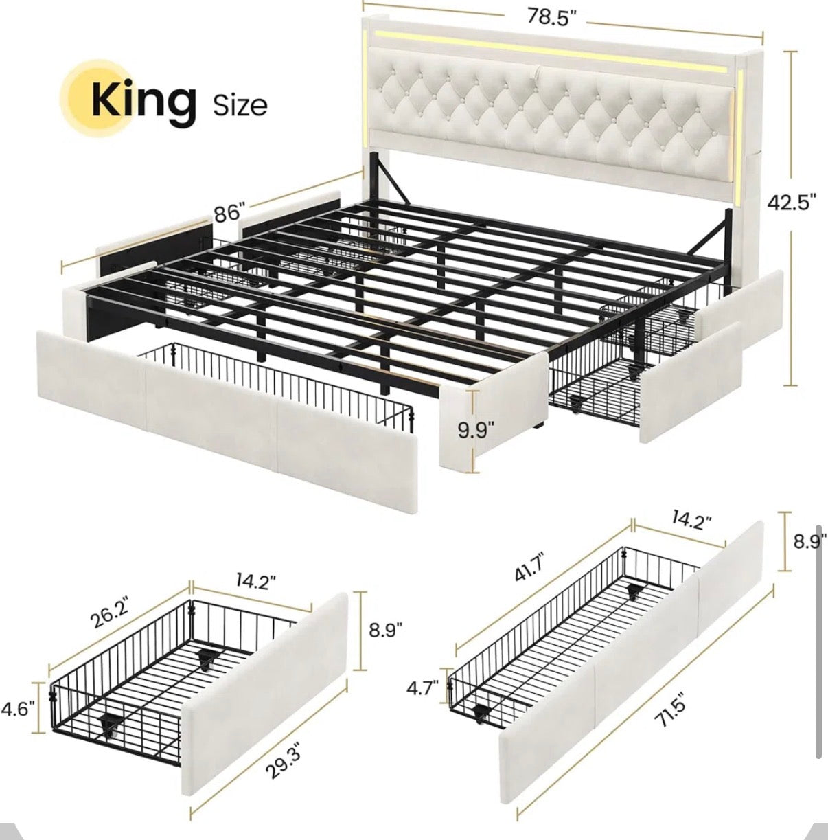 Bed - King Size Bed Frame With 5 Xl Storage Drawers