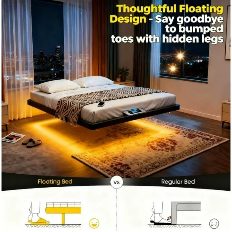 Bed - Full Size Floating Bed Frame with Usb Charging Station/Led Light