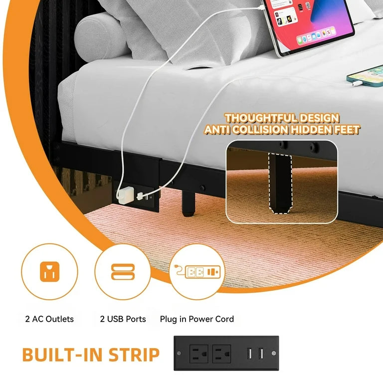 Bed - Full Size Floating Bed Frame with Usb Charging Station/Led Light