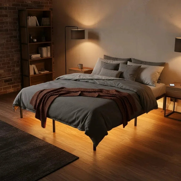 Bed - Full Size Floating Bed Frame with Usb Charging Station/Led Light