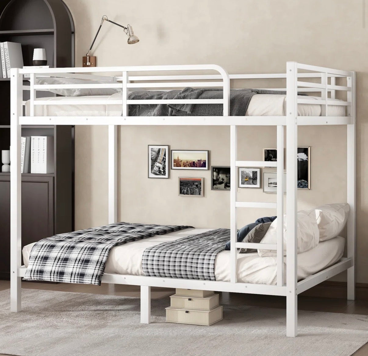 Bed - Full over Full Bunk Off White Full Over Full Straight Ladder Sturdy Metal Slat Bunk Bed