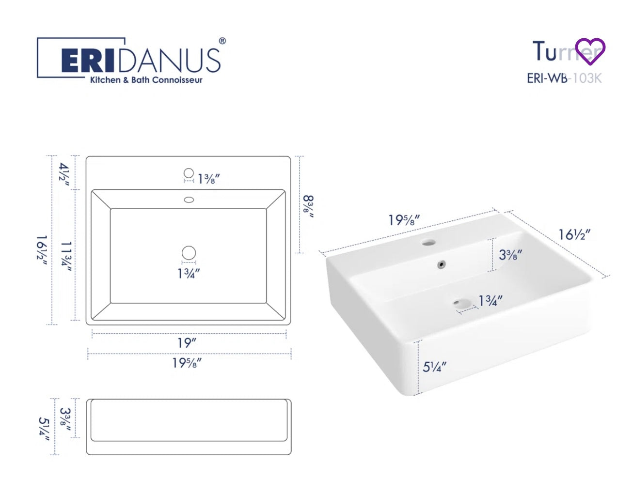 Sink - Bathroom Turner 20" x 16" White Vitreous China Rectangular Wall Mount/Vessel Bathroom Sink with Overflow - WF10.16.25