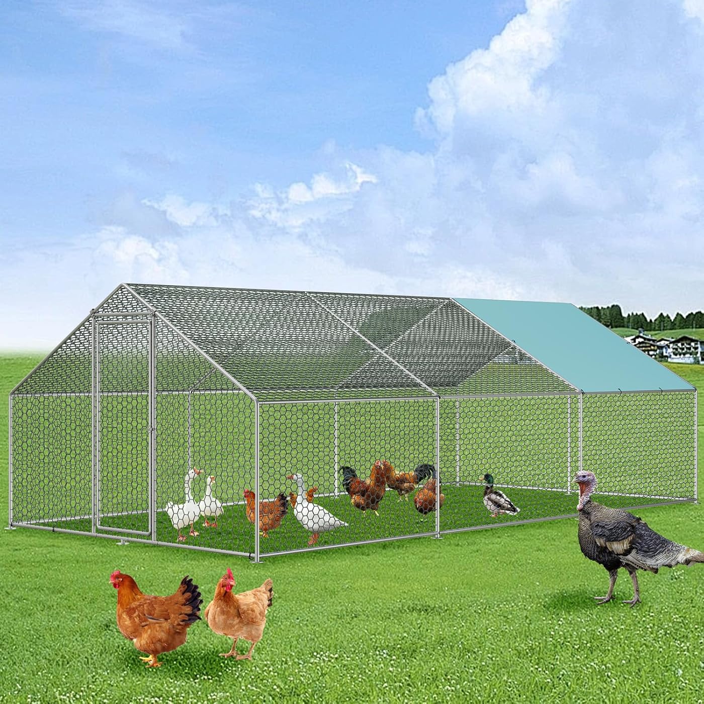 Chicken Coop - Vipbear Large Metal Chicken Coop Run with Immersed Wire Mesh, Chicken Coop for 8 Chickens Heavy Duty Chicken Run in for Yard with Waterproof Cover and Secure Lock,236'' L x 118''W x 77''H