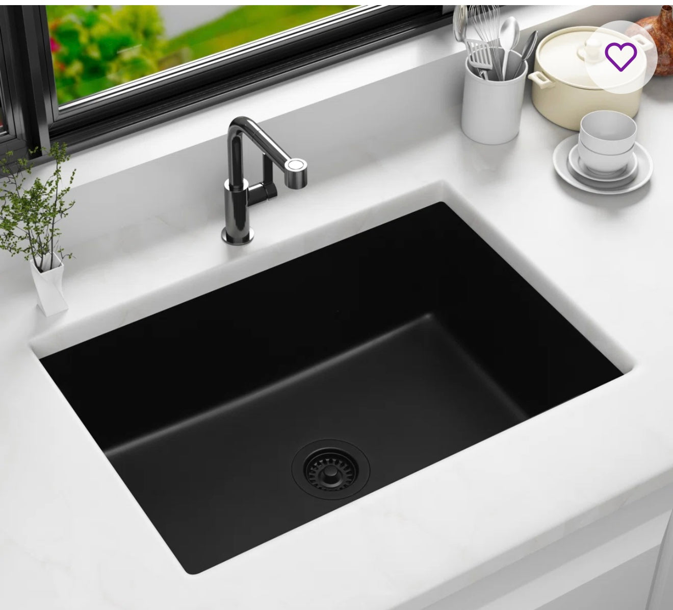 Sink - Kitchen 28" W x 18" L Black Quartz Single Bowl Undermount Kitchen Sink with Accessories Black - WF10.16.25