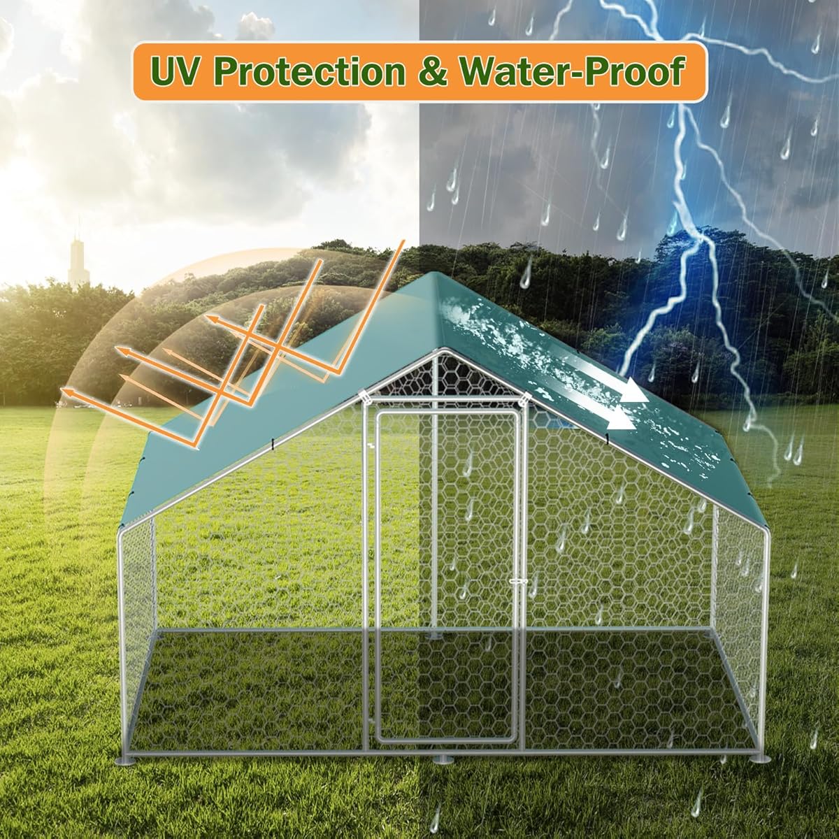 Chicken Coop - Vipbear Large Metal Chicken Coop Run with Immersed Wire Mesh, Chicken Coop for 8 Chickens Heavy Duty Chicken Run in for Yard with Waterproof Cover and Secure Lock,236'' L x 118''W x 77''H