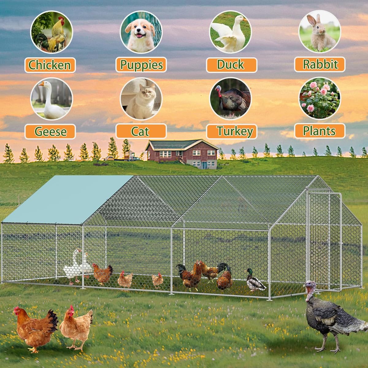 Chicken Coop - Vipbear Large Metal Chicken Coop Run with Immersed Wire Mesh, Chicken Coop for 8 Chickens Heavy Duty Chicken Run in for Yard with Waterproof Cover and Secure Lock,236'' L x 118''W x 77''H
