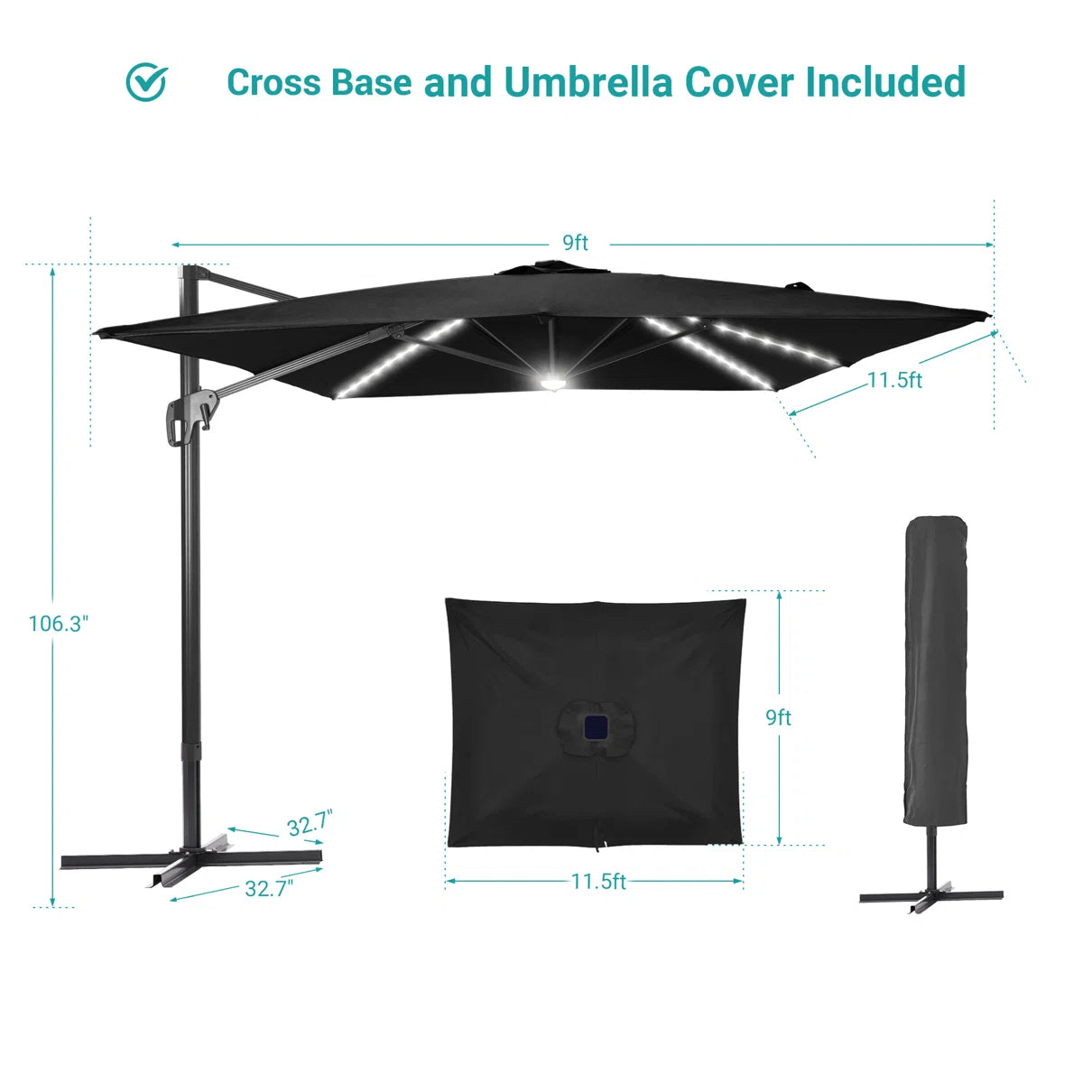 Outdoor - Umbrella Black Cantilever Lighted IN BOX ITEM - WF9.25.25