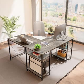 Desk - Bestier Reversible 60 inches L Shaped Computer Desk with Storage Cabinet Long Desk for 2 Person Wash Grey - WF9.25.25