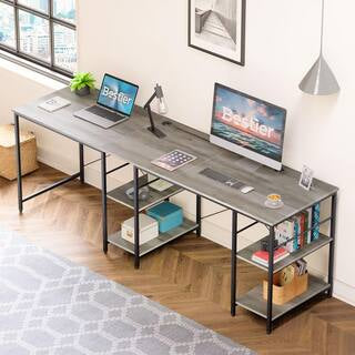 Desk - Bestier Reversible 60 inches L Shaped Computer Desk with Storage Cabinet Long Desk for 2 Person Wash Grey - WF9.25.25