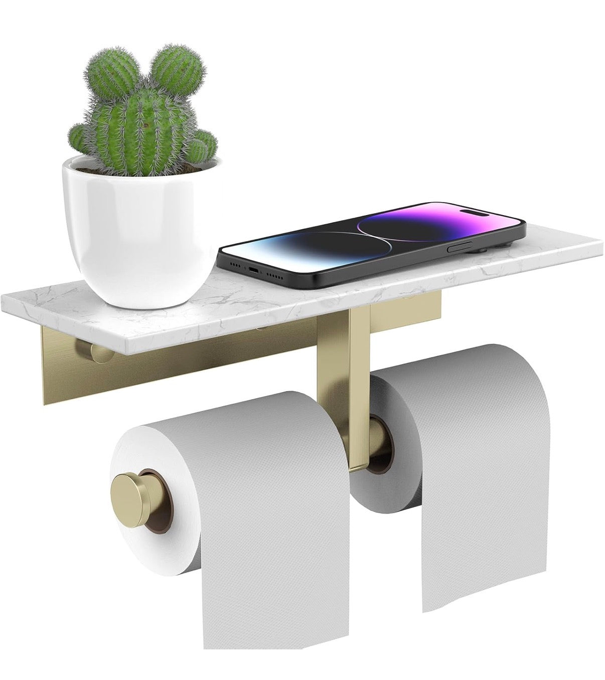 Toilet Paper Holder - Double Toilet Paper Holder with Shelf, Wall Mounted Tissue Roll Holder for Bathroom, Commercial Toilet Paper Dispenser, Marble Toilet Paper Storage Holder with Phone Shelf (Brushed Gold)