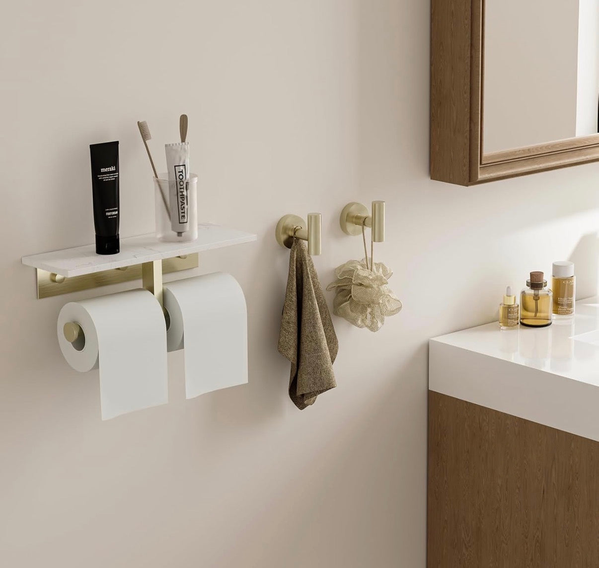 Toilet Paper Holder - Double Toilet Paper Holder with Shelf, Wall Mounted Tissue Roll Holder for Bathroom, Commercial Toilet Paper Dispenser, Marble Toilet Paper Storage Holder with Phone Shelf (Brushed Gold)
