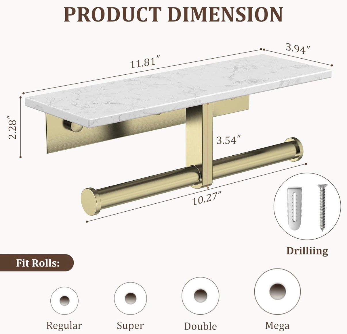 Toilet Paper Holder - Double Toilet Paper Holder with Shelf, Wall Mounted Tissue Roll Holder for Bathroom, Commercial Toilet Paper Dispenser, Marble Toilet Paper Storage Holder with Phone Shelf (Brushed Gold)