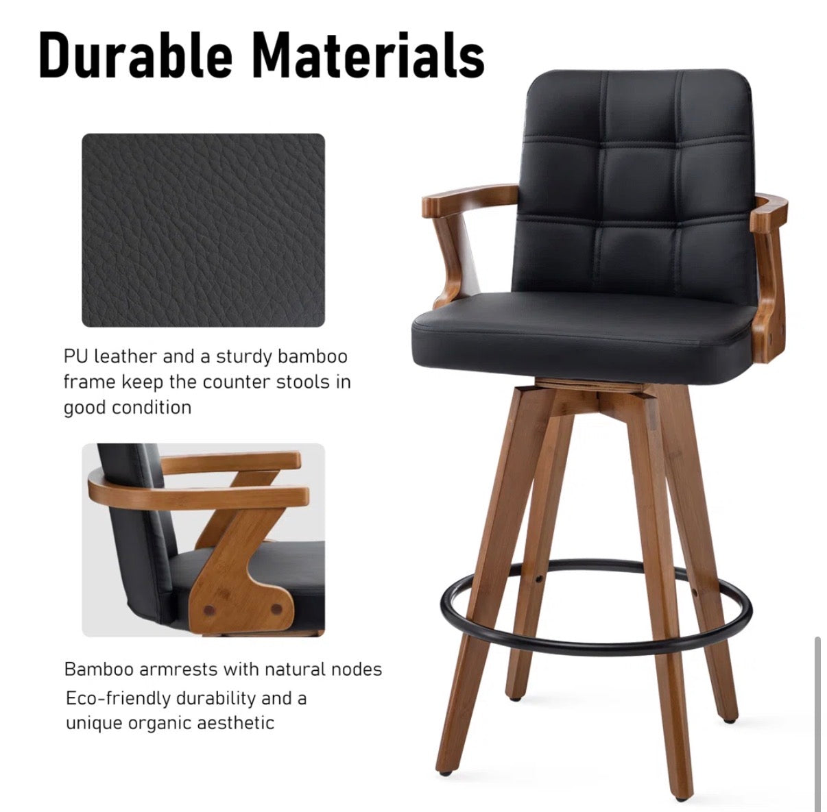 Barstool Set of 2- 30” Lorant Faux Leather and Bamboo