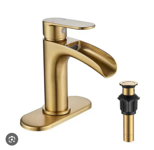 Faucet - Waterfall Single Hole Single Handle Bathroom Faucet with Deckplate, Pop Up Drain Assembly and Supply Lines in Gold - WF11.7.25