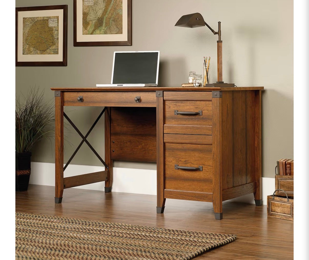 Desk - Sauder Carson Forge Vintage Rustic Computer Desk for Home Office with Drawers, in Washington Cherry; L: 53.19" x W: 22.64" x H: 29.80" (see all photos and read full description!!)