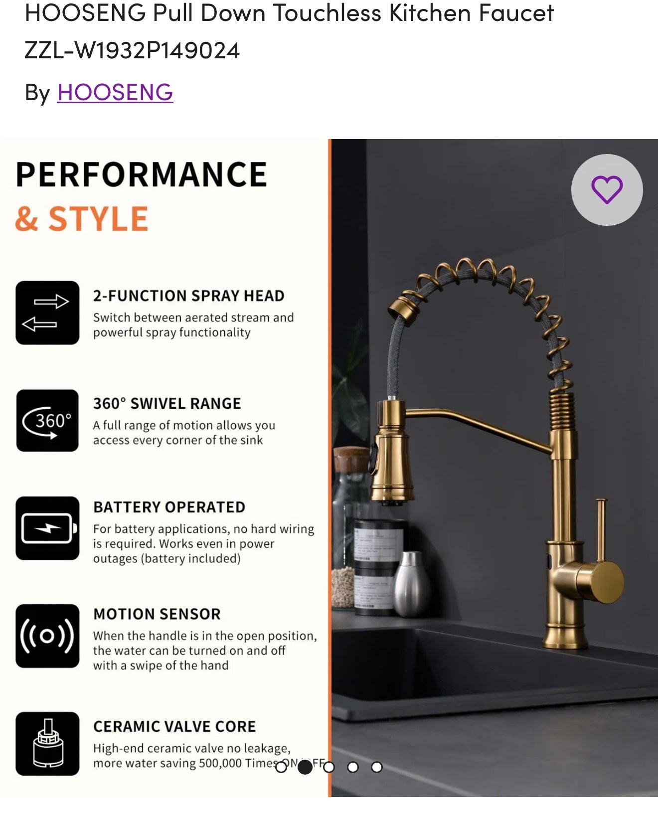 Faucet - HOOSENG Gold Pull Down Touchless Kitchen Faucet - Wayfair 2