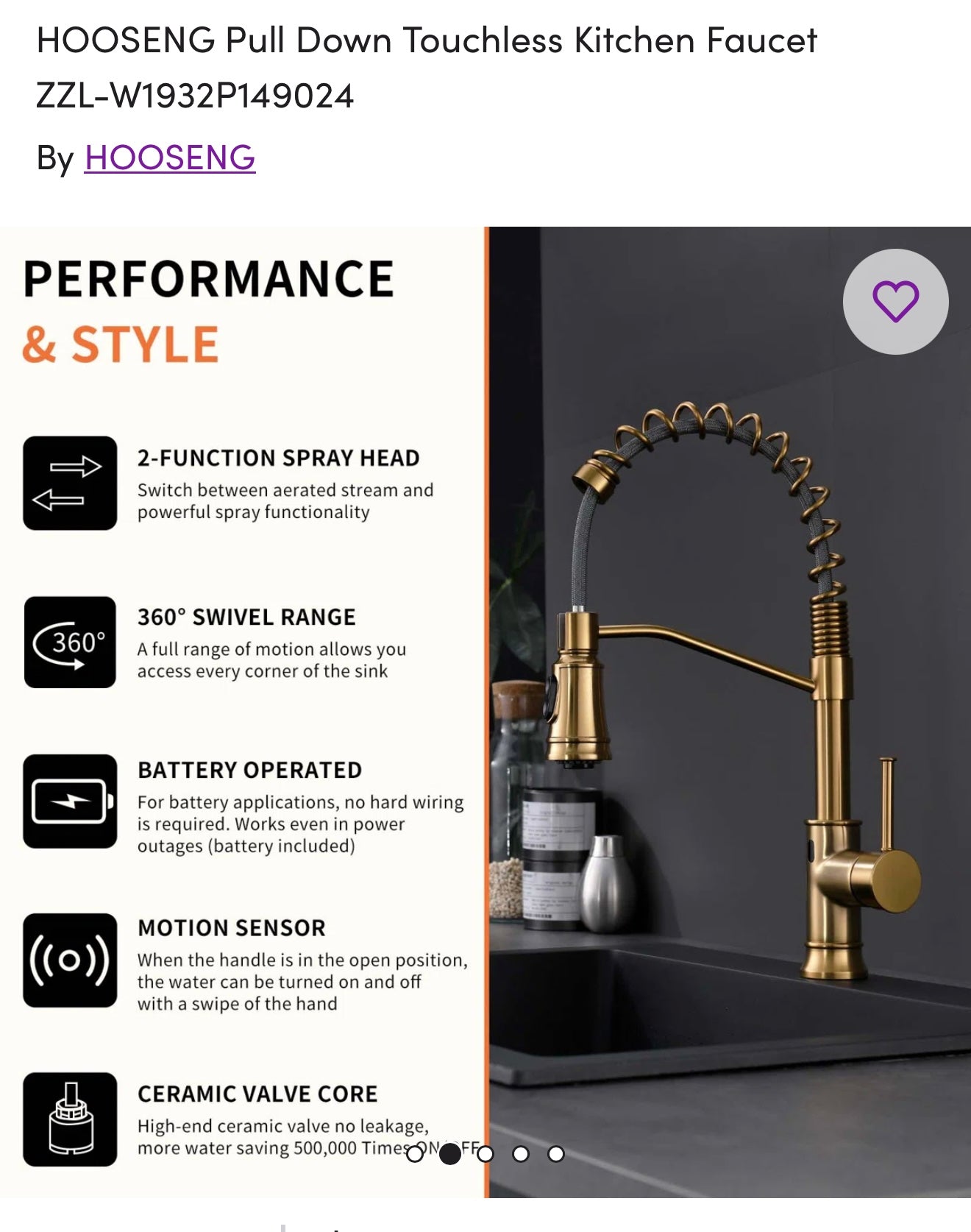 Faucet - HOOSENG Gold Pull Down Touchless Kitchen Faucet - Wayfair 2