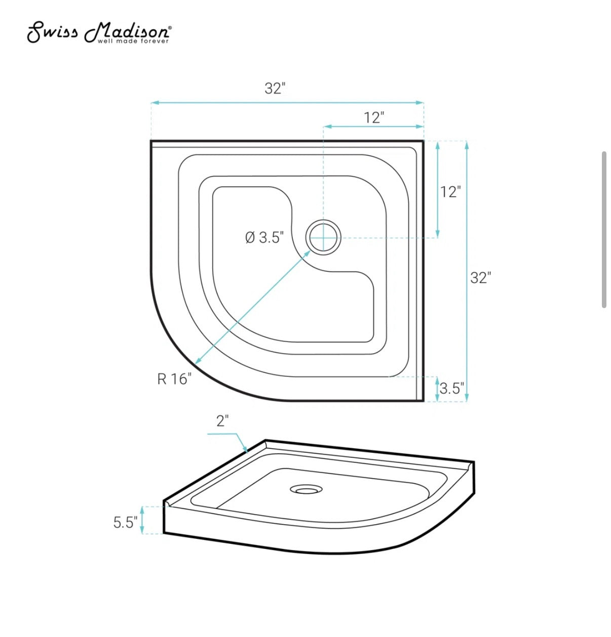 Shower Base - Voltaire Corner Shower Base 32” x 32” Neo-Angle drain