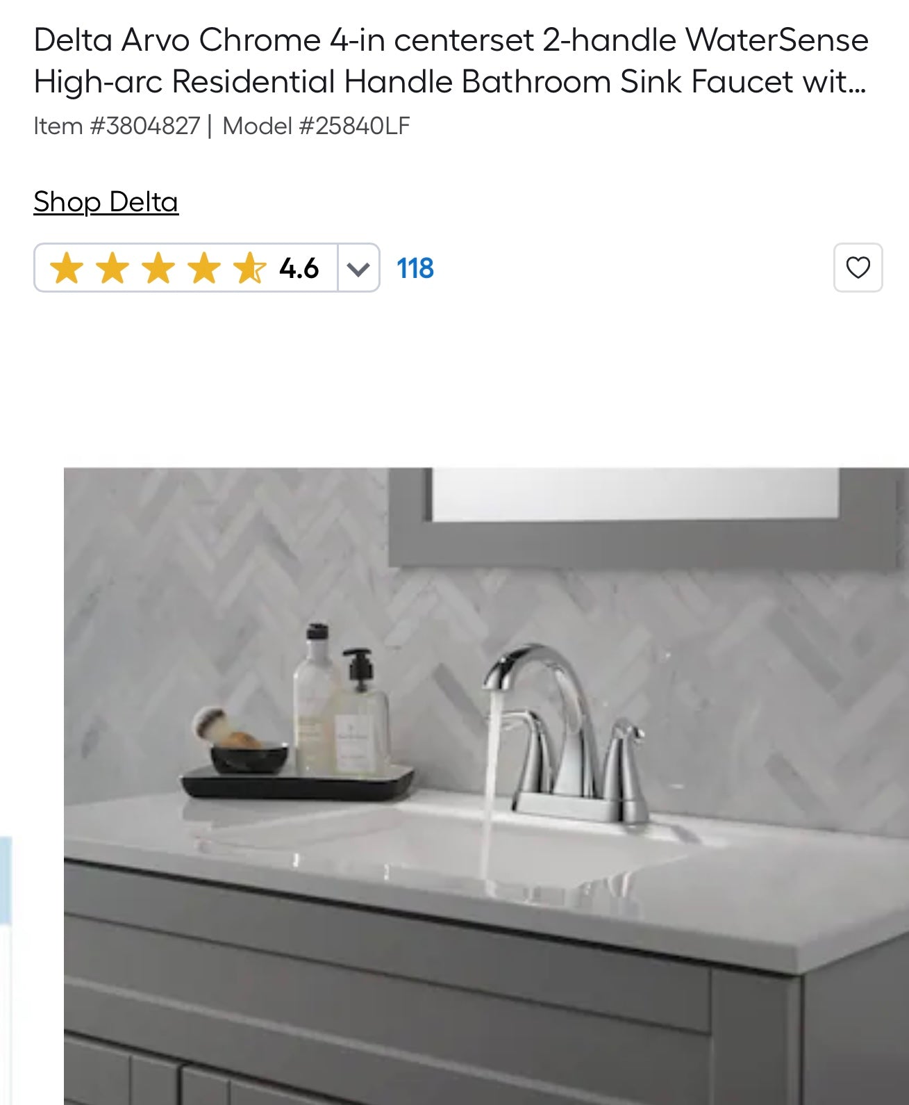 Faucet - Delta Arvo Chrome 4-in centerset 2-handle WaterSense High-arc Residential Handle Bathroom Sink Faucet - WF11.7.25