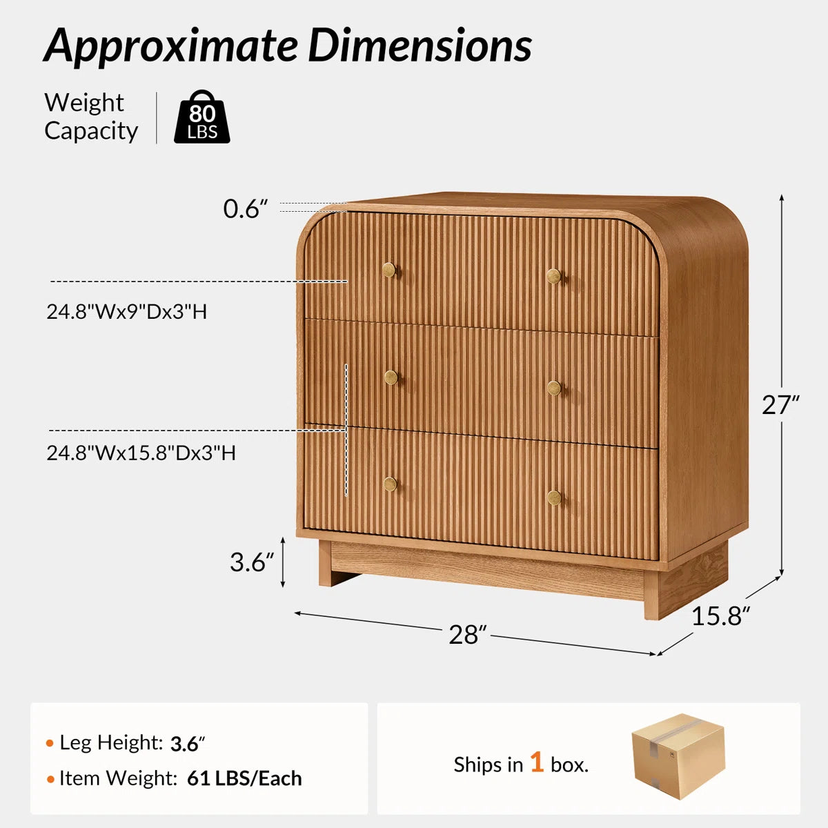Dresser -3-Drawer Melisa Modern 28"W Fluted Curved with Charging Station - WF9.25.25