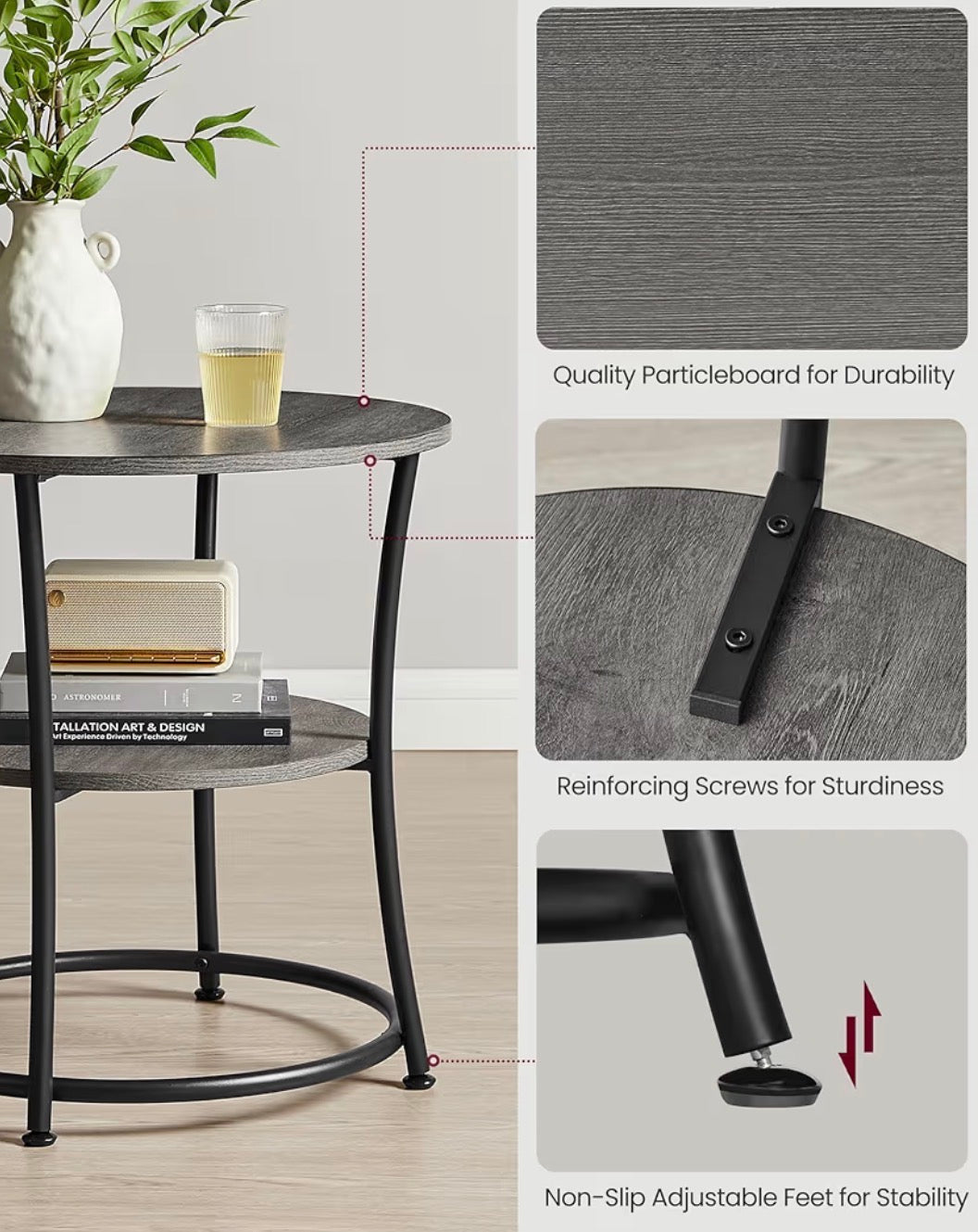 End Table/Nightstand - 21.7-Inch Round Side Table, 2-Tier End Table, Nightstand