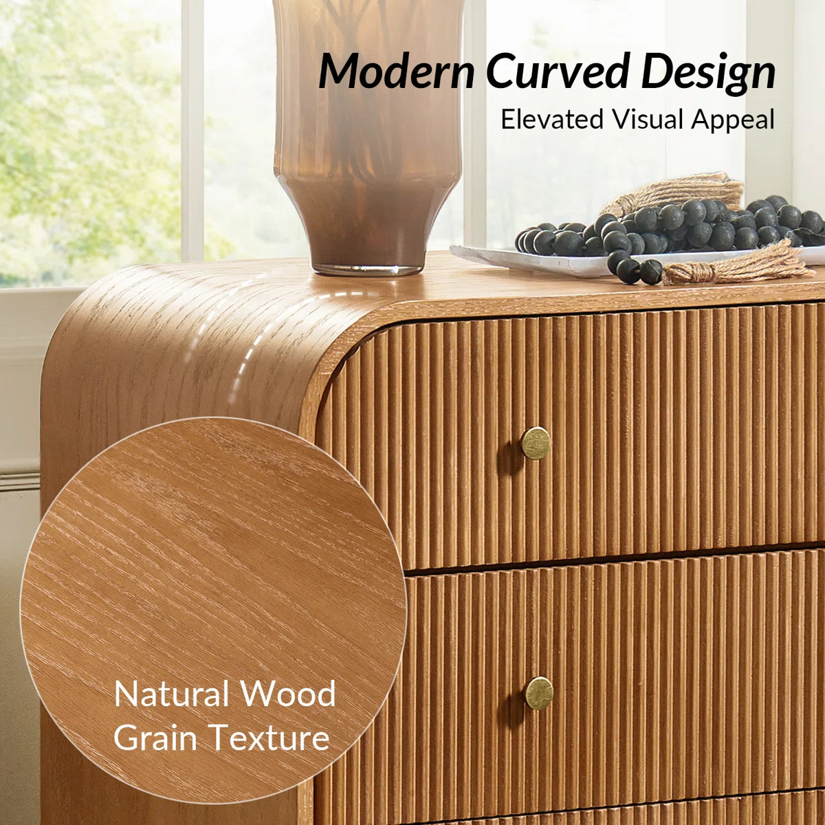 Dresser -3-Drawer Melisa Modern 28"W Fluted Curved with Charging Station - WF9.25.25