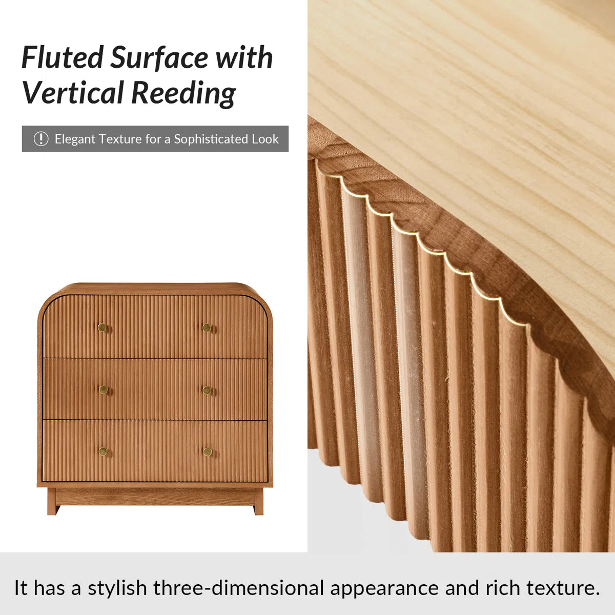 Dresser -3-Drawer Melisa Modern 28"W Fluted Curved with Charging Station - WF9.25.25