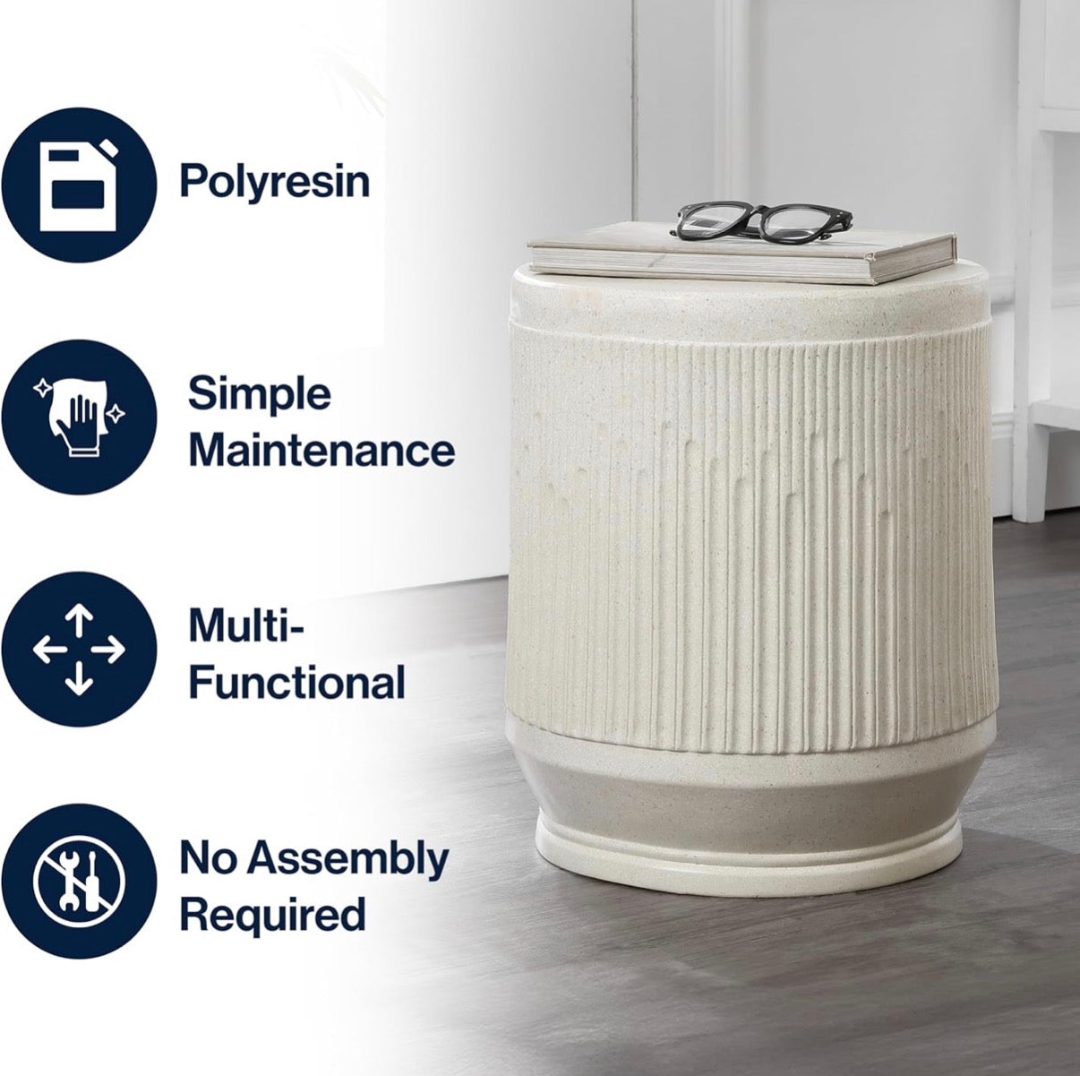Side Table - JONATHAN Y Kline Ribbed Resin Modern Outdoor Accent Table, 17.5" H All-Weather Cream Terrazzo Patio Drum Side Table and Garden Stool
