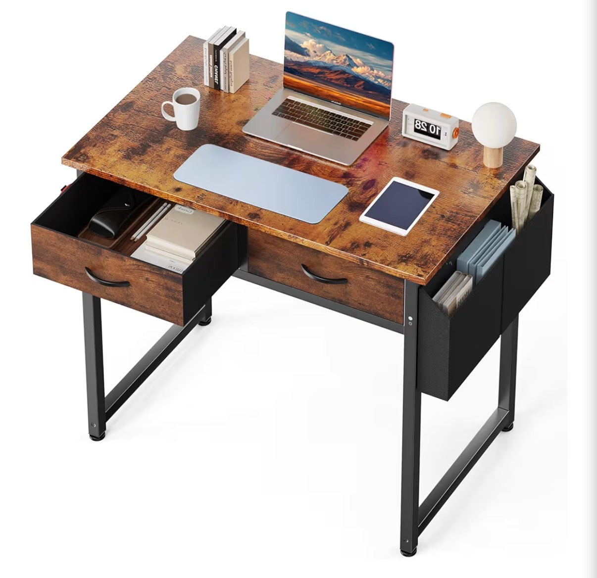 Desk - 32" Home Office Computer Desk with Drawers, Small Gaming Writing Study Table with Storage Side Bag, Headphone Hook and Adjustable Feet Rustic Brown