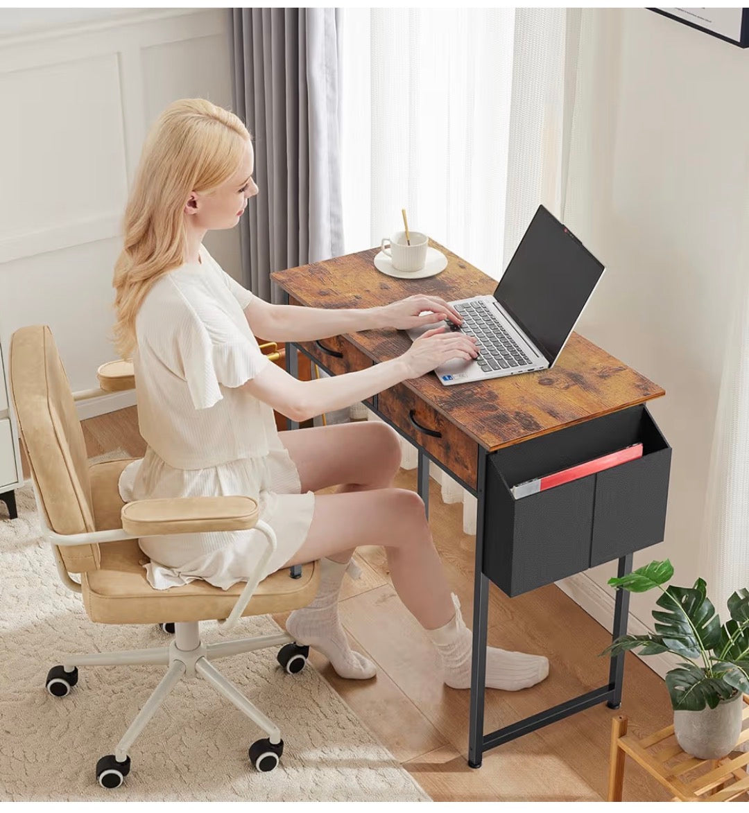 Desk - 32" Home Office Computer Desk with Drawers, Small Gaming Writing Study Table with Storage Side Bag, Headphone Hook and Adjustable Feet Rustic Brown