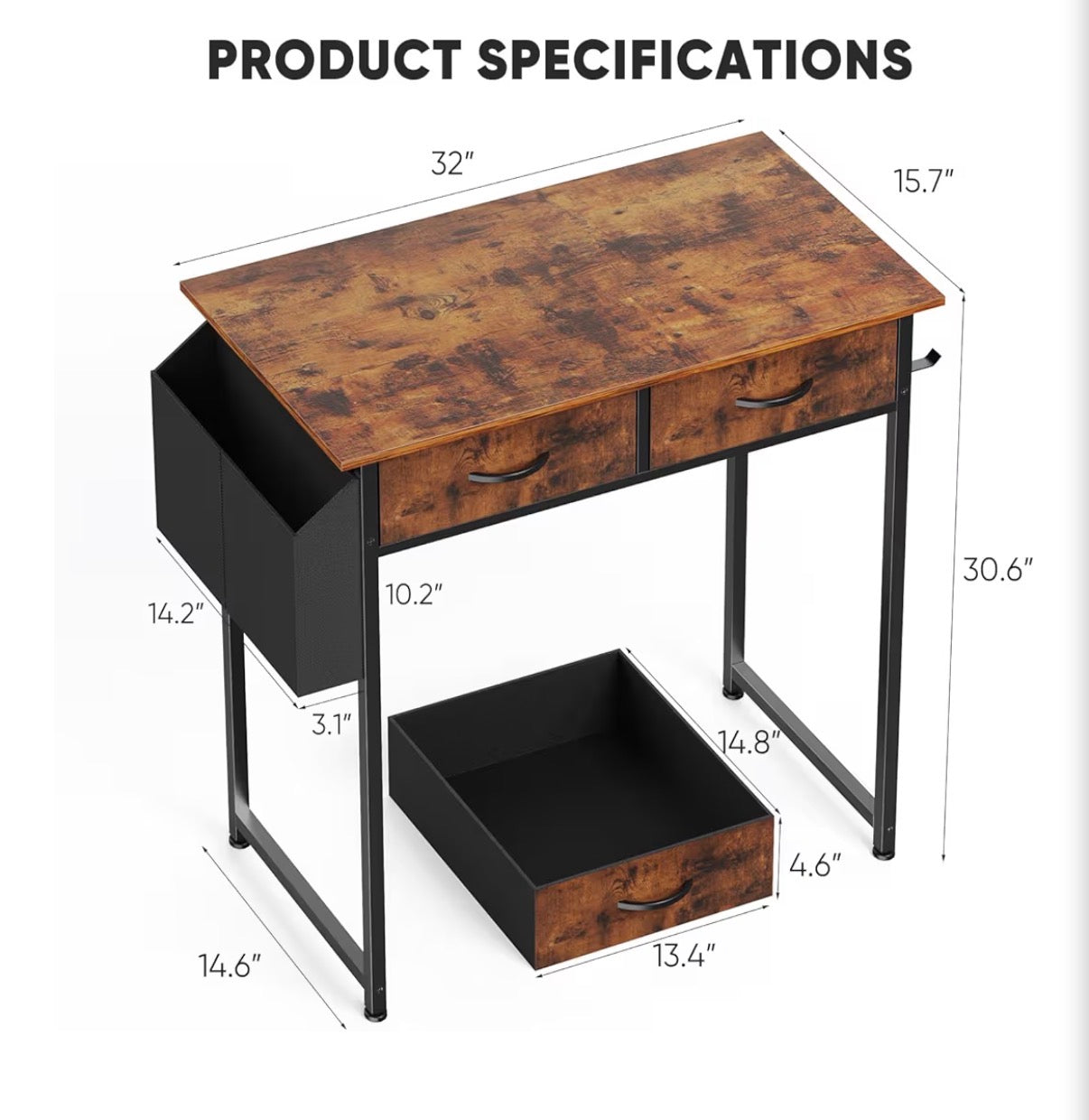 Desk - 32" Home Office Computer Desk with Drawers, Small Gaming Writing Study Table with Storage Side Bag, Headphone Hook and Adjustable Feet Rustic Brown