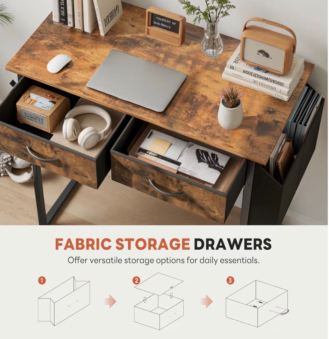Desk - 32" Home Office Computer Desk with Drawers, Small Gaming Writing Study Table with Storage Side Bag, Headphone Hook and Adjustable Feet Rustic Brown