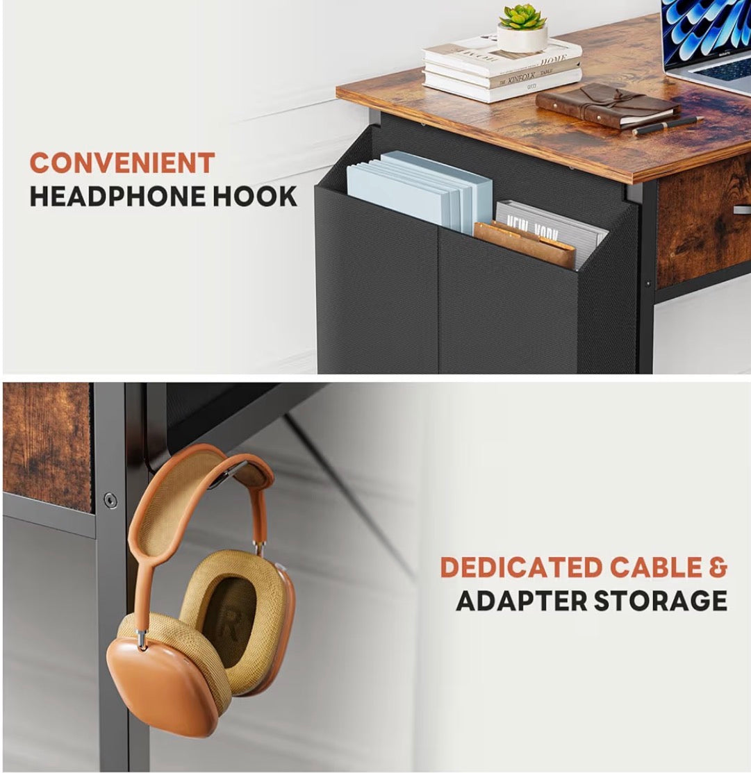 Desk - 32" Home Office Computer Desk with Drawers, Small Gaming Writing Study Table with Storage Side Bag, Headphone Hook and Adjustable Feet Rustic Brown