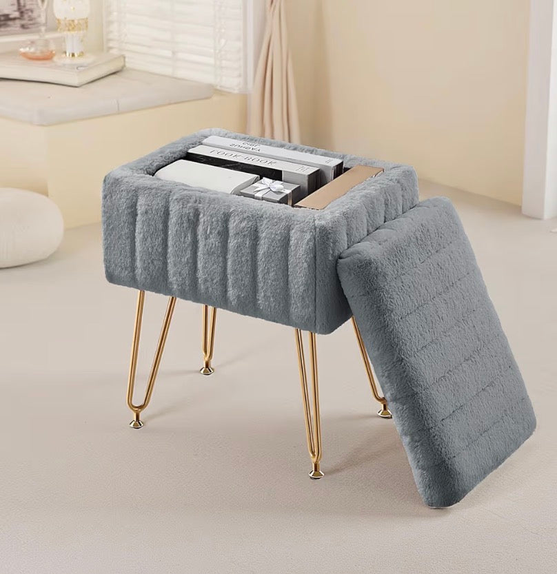 Ottoman - Vanity Storage Ottoman Stool, Compact Faux Fur Footstool with Soft Seat, Modern Cute with 4 Metal Legs & Adjustable Feet for Bedroom, Living Room, Dressing Area & Dorm Grey