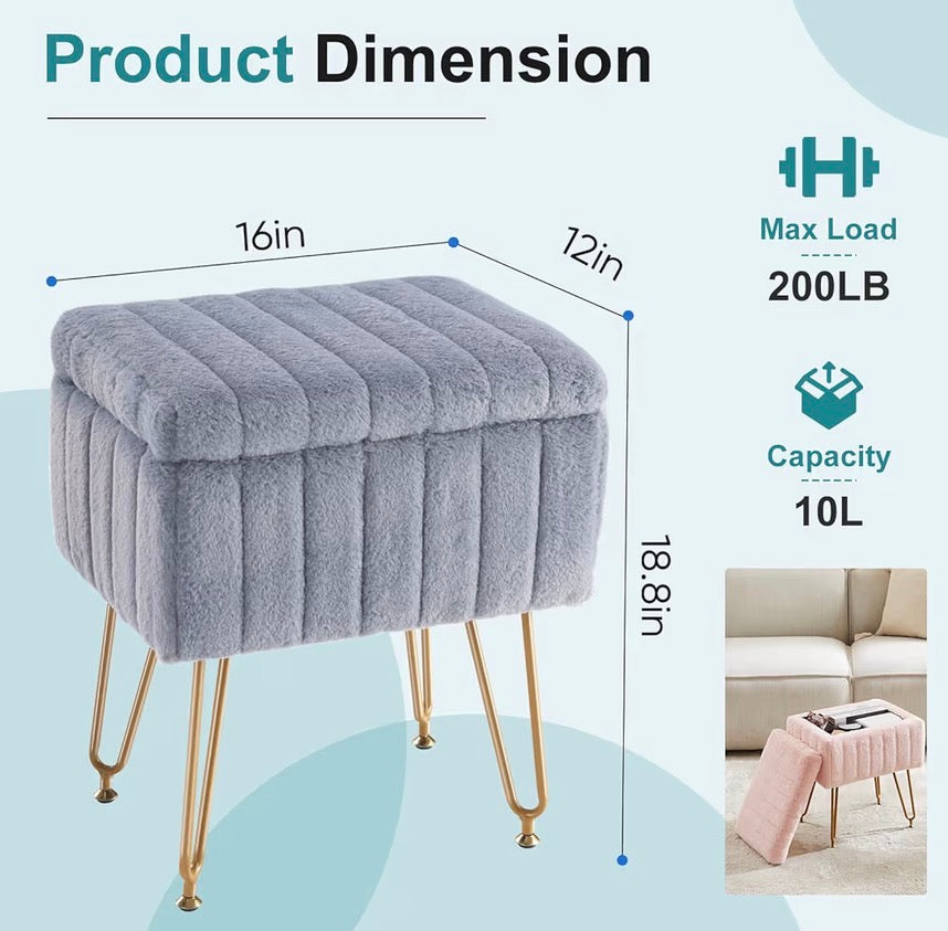 Ottoman - Vanity Storage Ottoman Stool, Compact Faux Fur Footstool with Soft Seat, Modern Cute with 4 Metal Legs & Adjustable Feet for Bedroom, Living Room, Dressing Area & Dorm Grey