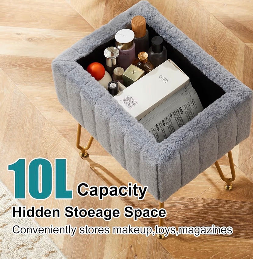 Ottoman - Vanity Storage Ottoman Stool, Compact Faux Fur Footstool with Soft Seat, Modern Cute with 4 Metal Legs & Adjustable Feet for Bedroom, Living Room, Dressing Area & Dorm Grey
