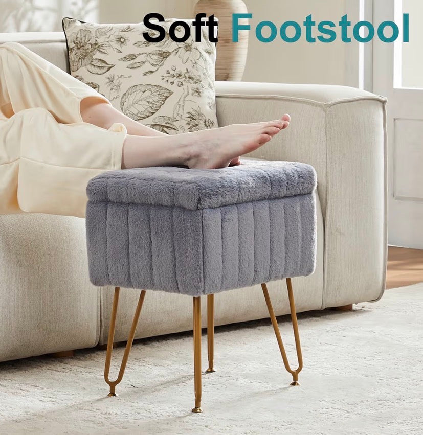 Ottoman - Vanity Storage Ottoman Stool, Compact Faux Fur Footstool with Soft Seat, Modern Cute with 4 Metal Legs & Adjustable Feet for Bedroom, Living Room, Dressing Area & Dorm Grey